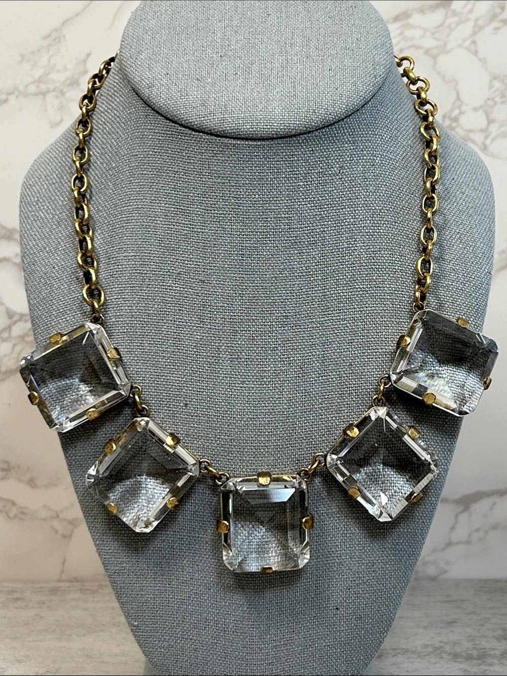 J. Crew Clear Crystal Square Necklace with Gold Accents